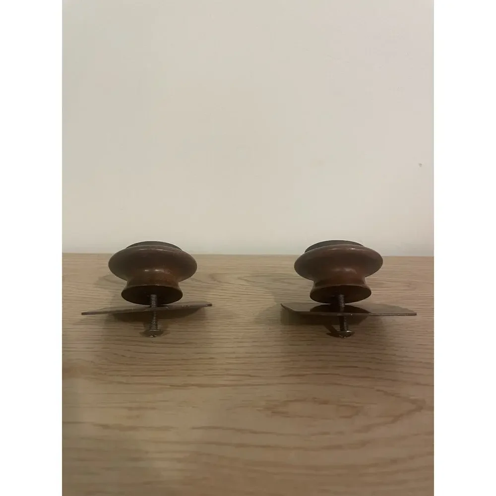 (QTY 2) Vintage Bronze & Wood Single Screw Cabinet Knob Drawer Pull